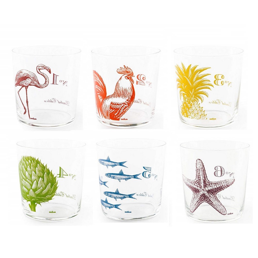 Bicchiere acqua vetro decorato fantasia FLORA ET FAUNA set 6 pezzi